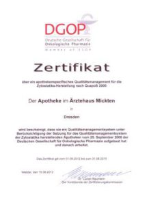 Zertifikat DGOP Apotheke im Ärztehaus Mickten