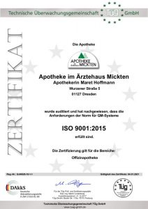 Zertifikat DIN ISO 9001:2015 Apotheke im Ärztehaus Mickten