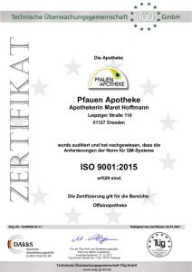 Zertifikat DIN ISO 9001:2015 Pfauen Apotheke