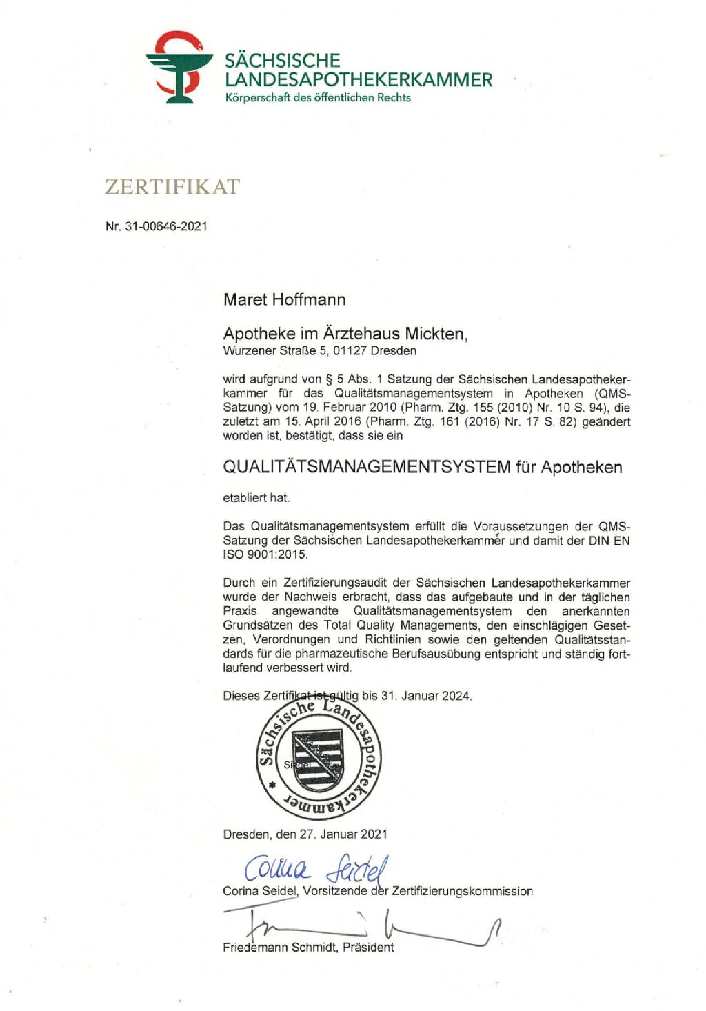 Zertifikat DIN ISO 9001:2015 Apotheke im Ärztehaus Mickten